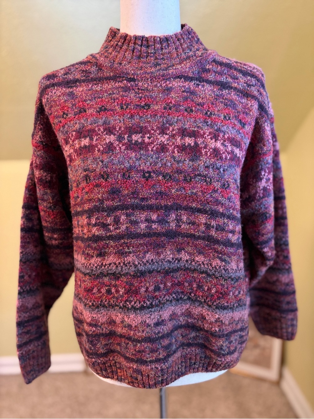 Harley of Scotland Wool Cashmere Fair Isle Mock Neck Sweater Multicolor M Cozy